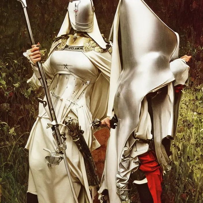 Image similar to teutonic knight, full body, high fashion, latex, rubber, sharp, flowing, slick, highly detailed, motion, concept art, smooth, sharp focus, hd, art by alphonse mucha and caravaggio and annie leibovitz