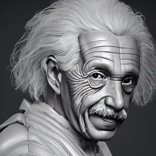 Image similar to portrait ethereal biomechanical android albert einstein with incredible technological hair, masterpiece crystalline incrustations, hyper - detailed face, elegant posed, intricate, octane render, cinematic lighting, cgsociety, unreal engine,