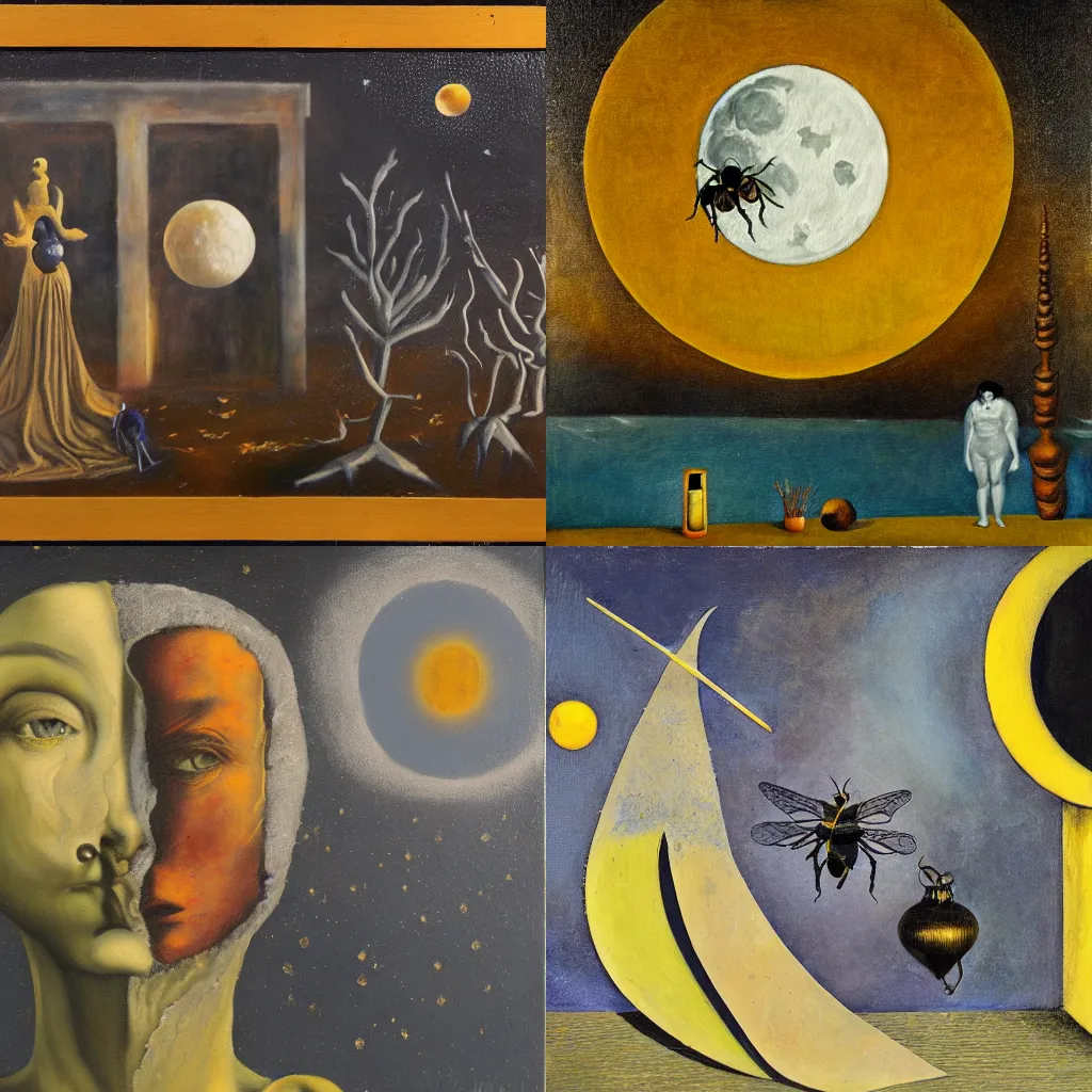 Prompt: an oil painting entitled \'the moon and the bee\' in the style of max ernst and Joel-Peter Witkin