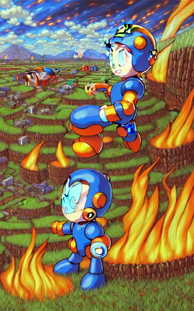 Image similar to wide view of a farm ,reflections of fire on eye, fantasy, intricate, richly detailed colored 3D illustration of a megaman happy and curious. background with completely rendered reflections, art by Range Murata and Artgerm highly detailed, digital painting, trending on artstation, sharp focus, D&D, illustration, style of Stanley Artgerm, perfect smile vogue, awards, model,