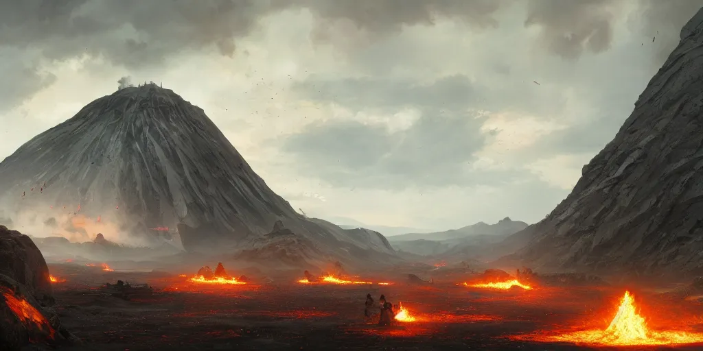 Image similar to battlefield on a volcanic ground, a fantasy digital painting by Greg Rutkowski and James Gurney, trending on Artstation, highly detailed, hyperrealistic, realistic, photorealistic, dynamic lighting, highly detailed, cinematic landscape, studio landscape, studio lighting