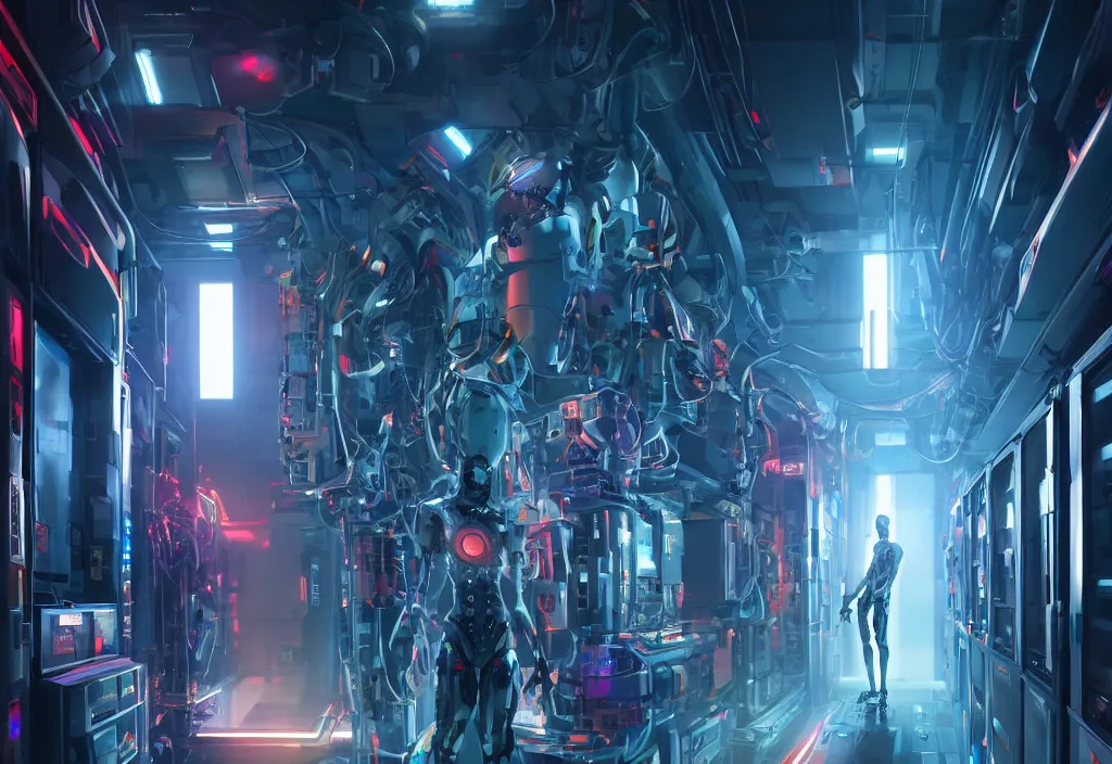 Image similar to shot of film, human like a mech, full body, in detailed server room, in data center, character design, symmetrical, vivid color, complementary color, detailed, sharp lines, trending on artstation, volumetric lighting, dramatic lighting by yoichi hatakenaka, cyberpunk art by asher brown durand