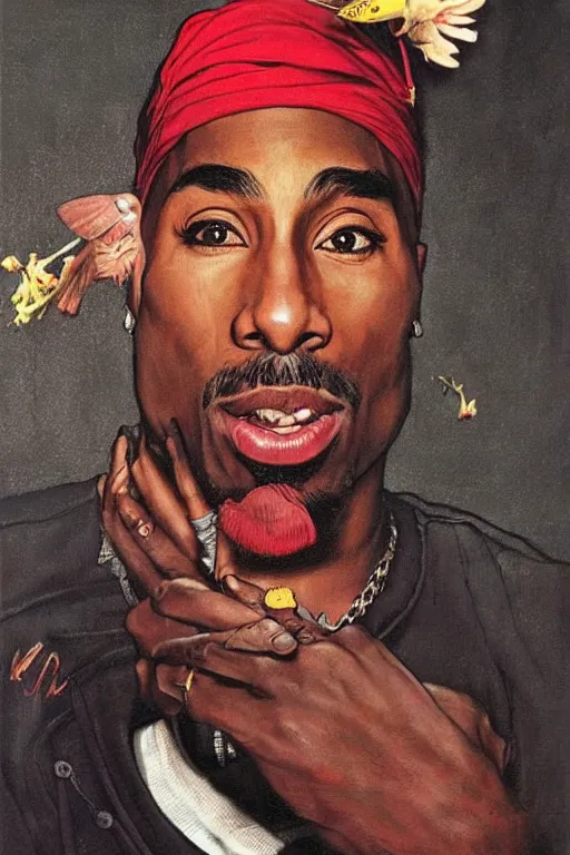 Image similar to Tupac, illustrated in whimsical style, Illustration by Norman Rockwell, Kehinde Wiley!!, artgerm, loish, oil painting,