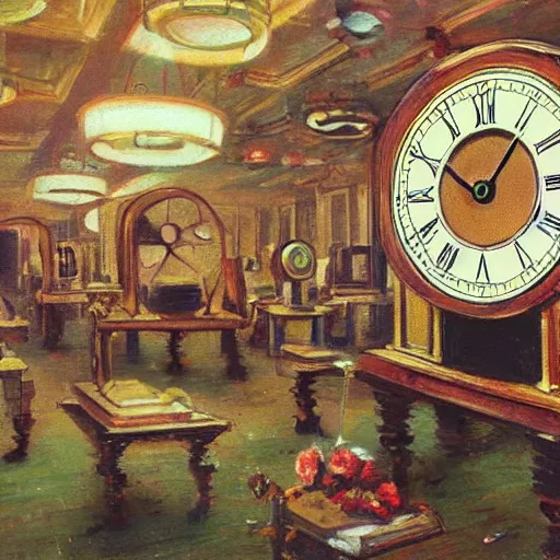 Image similar to A strange room full of clocks that has been used for testing new. inventions and features a flower crown, painting by Bob Ross