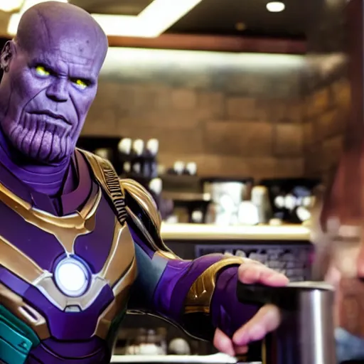 Image similar to thanos working at starbucks serving a latte to iron man, ultra realistic, 8 k, cinematic