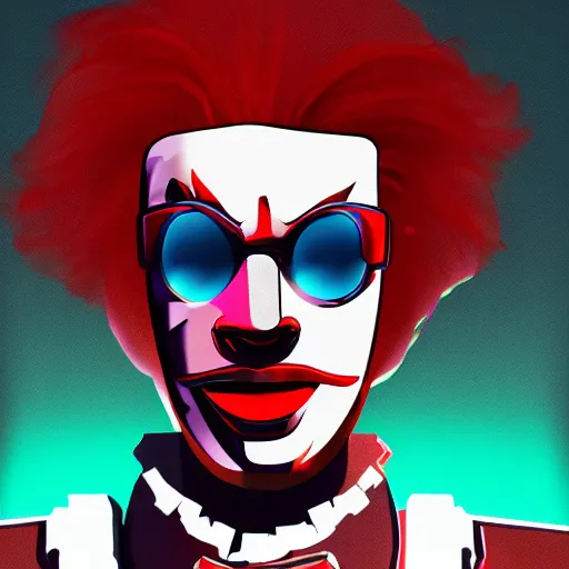 Image similar to cyberpunk ronald mcdonald as the leader of a futuristic communist nation, cybernetics, sharp lines, digital, artstation, colored in