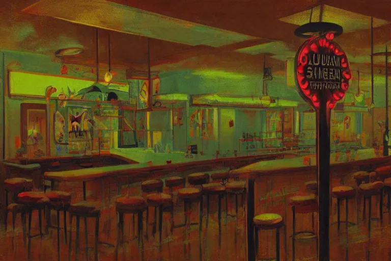 Image similar to scene from louisiana swamps, bar, neon cross, voodoo, artwork by tim eitel