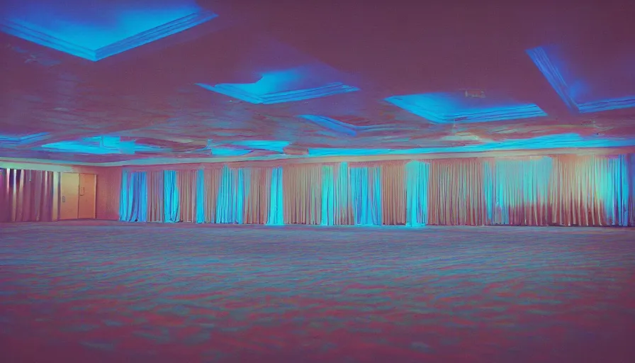 Image similar to 70s movie still of a ballroom with blue ceiling, cinestill 800t Technicolor, heavy grain, high quality, criterion collection, liminal space style