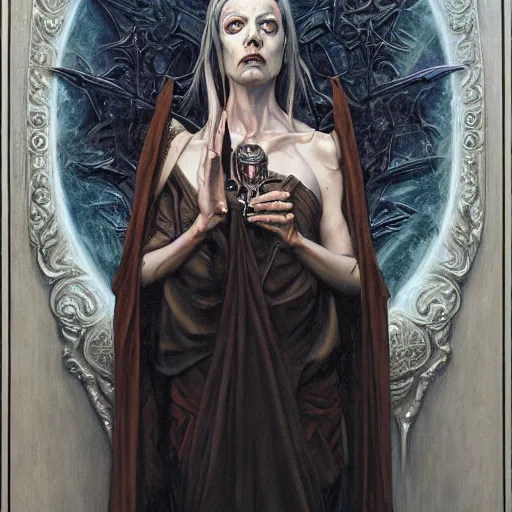 Image similar to portrait of an undead priestess, by gerald brom, donato giancola, and berthold woltze.