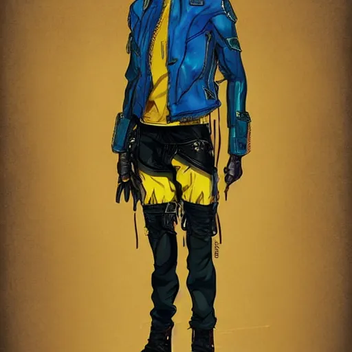 Image similar to elven male, shaggy blonde hair. Wearing modern yellow leather jacket and blue camouflage pants. Modern, concept art, Akikazu Mizuno, anime