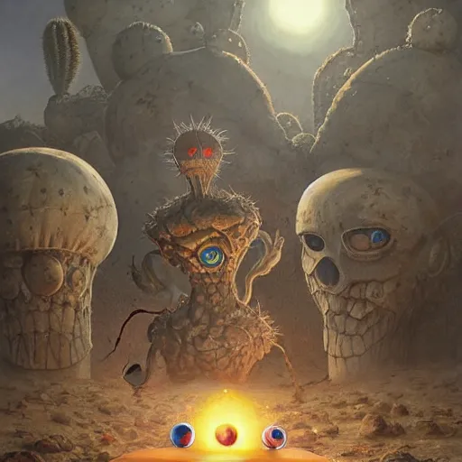 Image similar to magical soccer ball covered with eyes, with two antennas, in the desert next to a cactus, d & d, fantasy, greg rutkowski, frank frazetta, alexandre chaudret, boris vallejo, michael whelan, miro petrov, hr giger, magali villeneuve, donato giancola