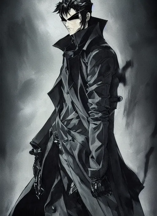 Image similar to Half body portrait of a menacing demon hunter in long trench coat with black fog oozing. In style of Yoji Shinkawa and Hyung-tae Kim, trending on ArtStation, dark fantasy, great composition, concept art, highly detailed, dynamic pose.