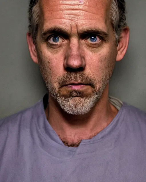 Image similar to prison mugshot of jordan peterson, bright flash, orange prison shirt, low saturation, somber expression, filthy hair, rugged textured face, soft vignette, soft focus, 5 0 mm, 4 k, nypd