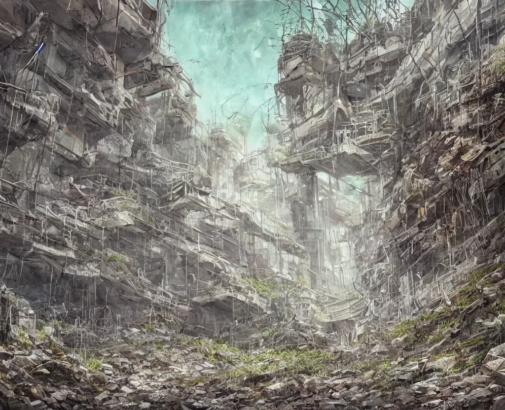 Image similar to a Dystopian post-apocalyptic painting of the abandoned tunnels of an overgrown arcology