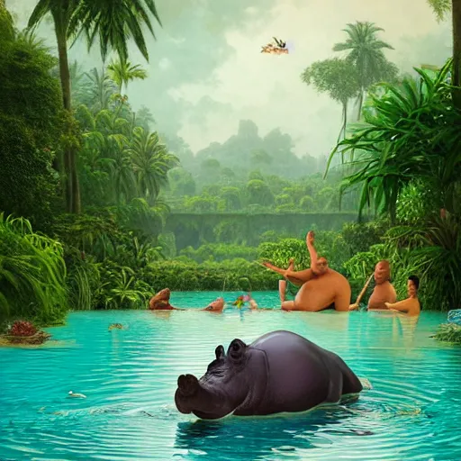 Image similar to 3D render of an anthropomorphic hippo wading in a pool at a beautiful and lush park. There is a jungle in the background, summer, warm gentle lighting, anatomy portrait, fullbody, symmetrical, 3D, with lightning, ultra colourful clean design, beksinski, carl spitzweg, Beeple, and Tuomas Korpi and bouguereau, good clear quality, warm lighting, biology, symmetrical artwork, perfect face, 135 mm, cinematic, hyper realism, high detail, octane render, Maya Render, 8k, pink and green accents