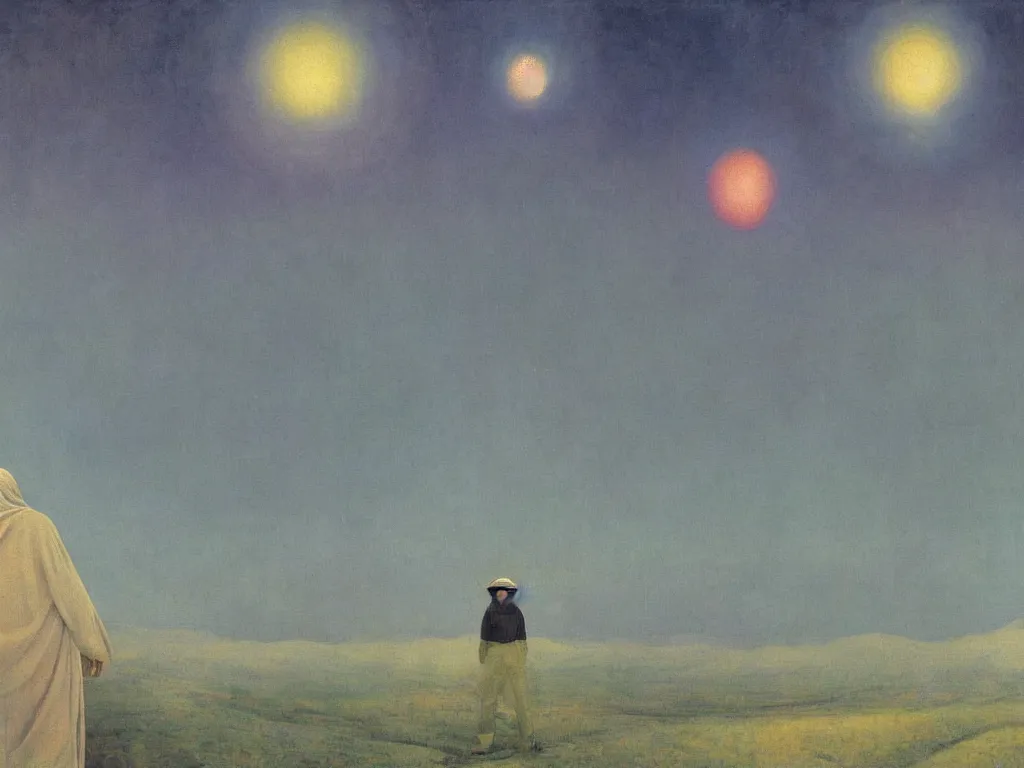 Prompt: man in white beekeeper suit looking at the psychedelics dream mothership over the sacred mountains. painting by mikalojus konstantinas ciurlionis, bosch, wayne barlowe, agnes pelton, rene magritte