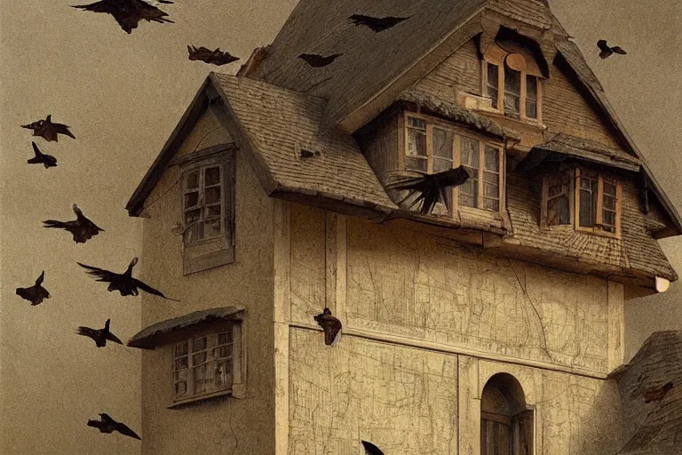 Prompt: a house with birds flying on too of it, insanely detailed, Michael Sowa, 3D rendering