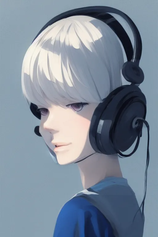 Image similar to a cute young woman leaning on a concrete wall while listening to music with her eyes closed and wearing headphones by Ilya Kuvshinov and Range Murata, white bob cut hair, blue filter, blue and white, soft lighting, atmospheric, cinematic atmosphere, moody, Krenz Cushart, digital painting, 8k