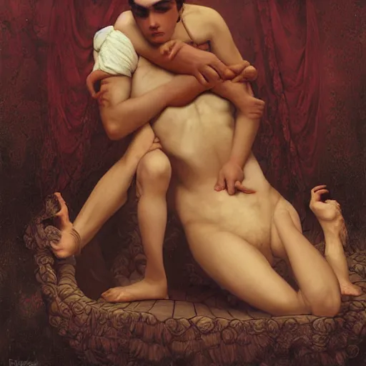 Image similar to both the guy jintu and the girl munmi dies and goes to hell where the god of death grants them a second chance to live on earth for seven days. at the end of one week, they must decide who gets to live. digital artwork by roberto ferri, by tom bagshaw, by j. c. leyendecker and klimt