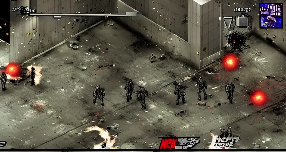Prompt: 1998 Video Game Screenshot of Neo-tokyo Cyborg bank robbers vs police, Set inside of Parking Garage, Dark, Multiplayer set-piece Ambush, Tactical Squads :10, Police officers under heavy fire, Suppressive fire, Pinned down, Destructible Environments, Gunshots, Headshot, Bullet Holes and Anime Blood Splatter, :10 Gas Grenades, Riot Shields, MP5, AK45, MP7, P90, Chaos, Anime Machine Gun Fire, Gunplay, Shootout, :14 FLCL + Jet Grind Radio, Cel-Shaded:17, Created by Katsuhiro Otomo + Arc System Works + miHoYo: 20