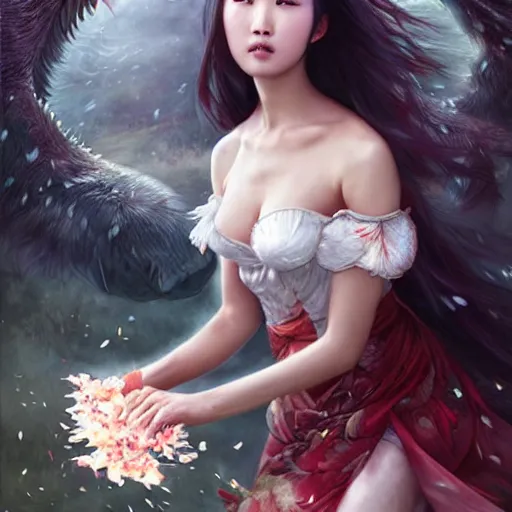 Image similar to very very very beautiful asian girl turning into a ferocious werewolf, large teeth, falling flower petals, epic digital painting, art by wlop and raymond swanland and chie yoshii, extreme detail