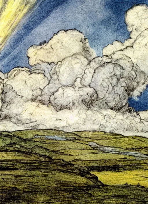 Image similar to sky split in 2, surrounded by light clouds, landscape, illustrated by peggy fortnum and beatrix potter and sir john tenniel