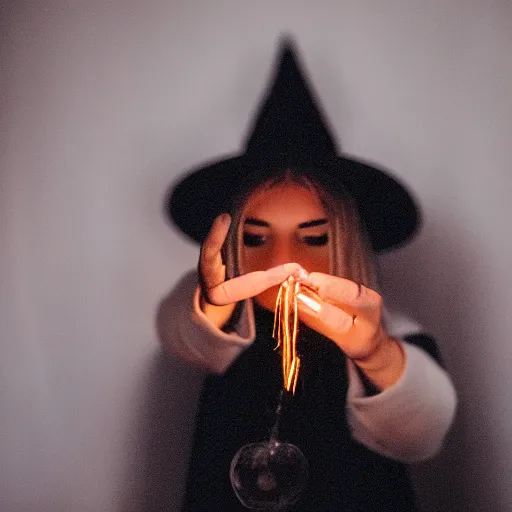 Prompt: a witch emanating magic from her palms, illuminating the area, closeup, macro!!, soft blur!!, focal point, trending on unsplash, [ 4 k photorealism ]!!