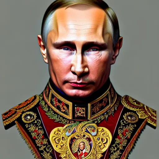 Prompt: a portrait of ( male ) putin, upper half portrait, decorated with russian motifs, traditional russia, intricate, elegant, highly detailed, symmetry, headpiece, digital painting, artstation concept art smooth sharp focus, illustration, art by artgerm and greg rutkowski alphonse mucha 8 k