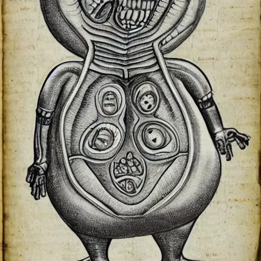 Prompt: Anatomical drawing of a Minion, with organs labeled. Highly detailed. Voynich Manuscript. Medical Textbook