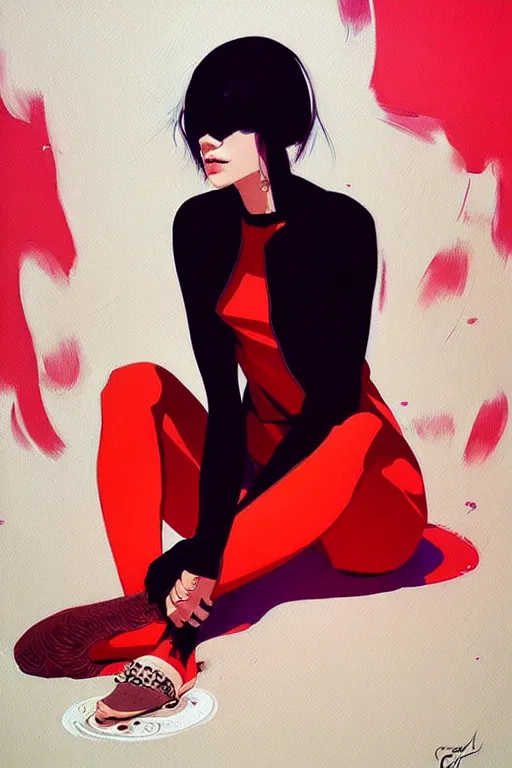 Image similar to a ultradetailed beautiful painting of a stylish woman sitting on the floor of a tiled room, by conrad roset, greg rutkowski and ilya kuvshinov trending on artstation