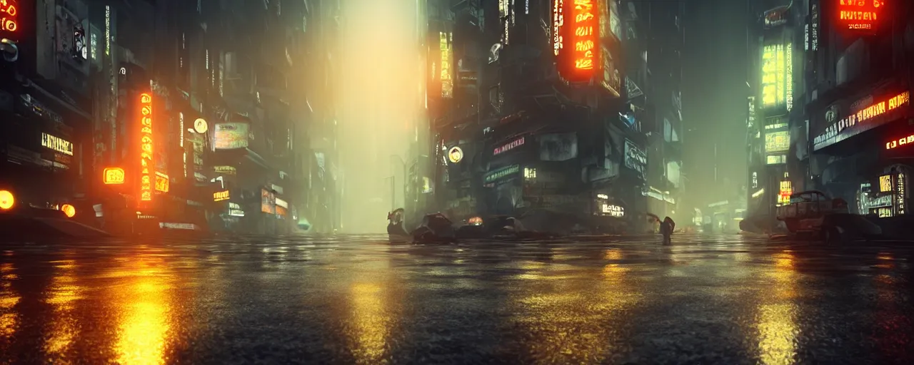 Image similar to saigon street in blade runner world, by Ash Thorp, ultra realistic, octane render, moody lighting, Neil Blomkamp cinematography