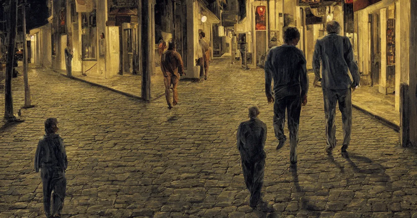 Image similar to high quality high detail painting of todd solondz walking with a friend in an empty tel aviv street, night, by lucian freud and gregory crewdson, hd, photorealistic lighting
