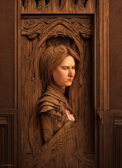 Prompt: a wooden womans faced carved into a wooden door, intricate Details, raphael lacoste, eddie mendoza, alex ross, john howe, concept art, matte painting, highly detailed, rule of thirds, dynamic lighting, cinematic, detailed, denoised, centerd, clean render