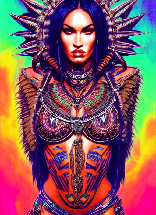 Prompt: portrait of megan fox, hyper detailed ultra sharp aztec shaman warrior. trending on artstation, warpaint aesthetic, bloodwave, colorful, psychedelic, ornate, intricate, digital painting, concept art, smooth, sharp focus, illustration, art by artgerm and greg rutkowski and h. r. giger, 8 k