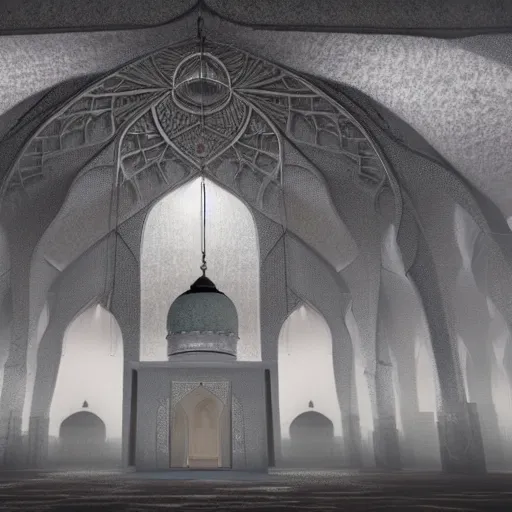 Image similar to a big mosque in a Village, horror, fog, foster, highly detailed, one house, fear, hyper realistic, atmospheric lighting