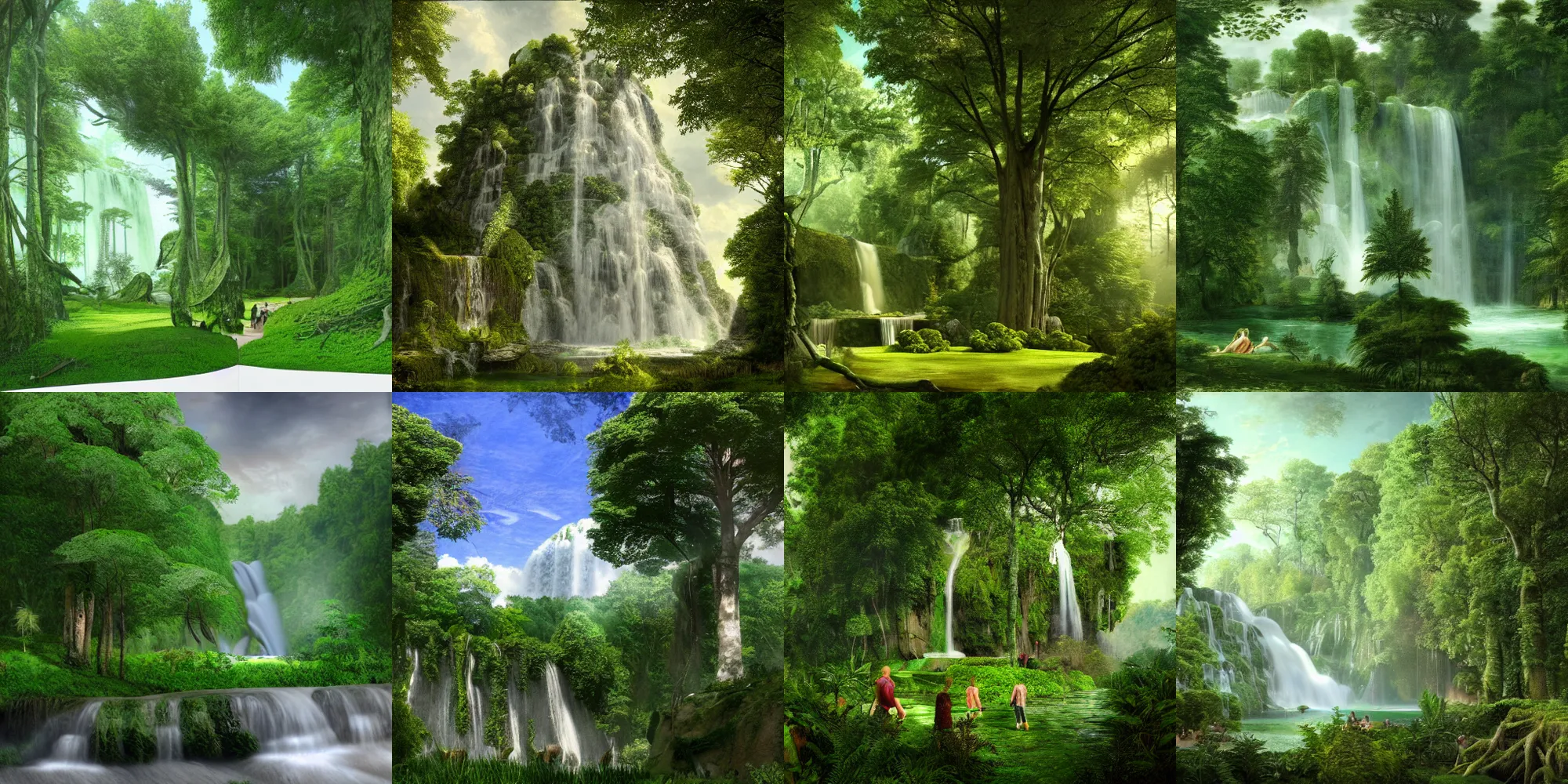 Prompt: a verdant forest surrounds the waterfall, its trees towering high into the sky by sally mann and joseph ducreux, style of bright, art brut, 3 d rendering