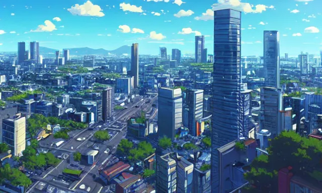 Image similar to Overlooking a modern city, summer sunny day, by Makoto Shinkai, super wide angle