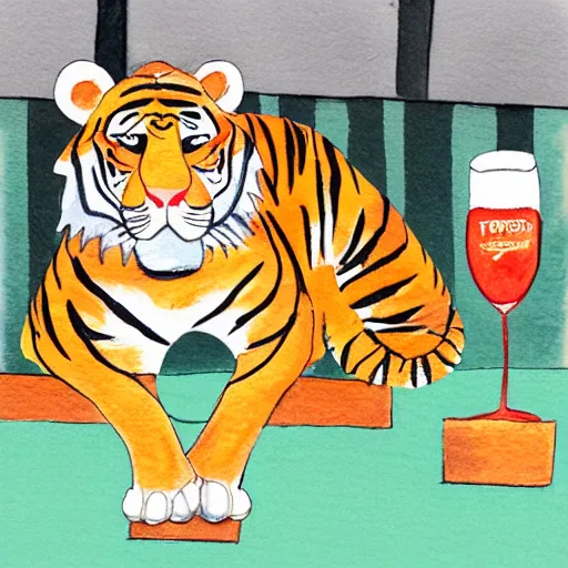 Image similar to an illustration of a tiger wearing a bucket hat drinking a beer at an outdoor bar in stockholm, children's book watercolor drawing