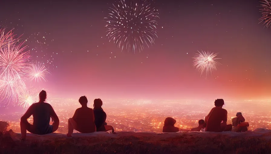 Prompt: people sitting on a hill watching fireworks above los angeles, hyperdetailed, artstation, cgsociety, 8 k