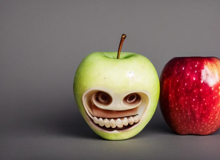 Image similar to photo still of an apple with human teeth, 8 k, studio lighting bright ambient lighting key light, 8 5 mm f 1. 8