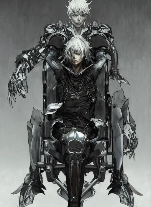Image similar to Full body portrait of a frail elf in a wheelchair with silver hair and ornate robe. In style of Yoji Shinkawa and Hyung-tae Kim, trending on ArtStation, dark fantasy, great composition, concept art, highly detailed, dynamic pose.