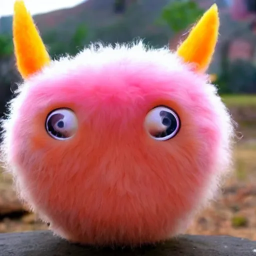 Prompt: an alien with a face that looks like a fuzzy peach the peach is fuzzy pink warm and ripe the alien has horns and a mean smile he has little chicken feet, 4k, highly detailed, high quality, amazing, high particle effects, glowing, majestic, soft lighting