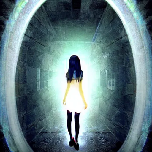 Image similar to she steps from her bedroom through the portal into the alternative multiverse, digital art, stunning light