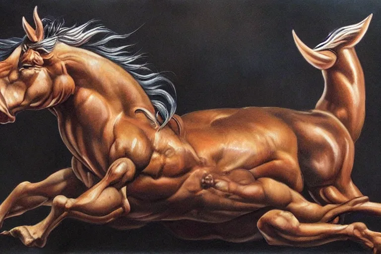 Prompt: beautiful lifelike painting of a centaur centaur centaur chimera tom cruise torso, majestic cinematic, hyperreal detailed facial features and uv lighting, art by ed roth and basil wolverton