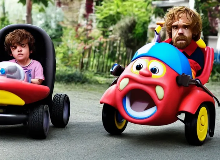 Prompt: peter dinklage driving a little tikes cozy coupe, movie still, from the new munsters movie, 8 k, realistic