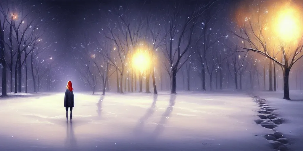 Image similar to a painting of a person walking in the snow, concept art by cyril rolando, featured on deviantart, metaphysical painting, anamorphic lens flare, 2 d game art, concept art