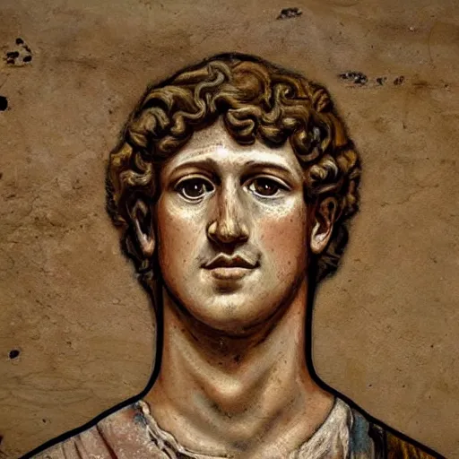 Image similar to photo of an ancient roman fresco on a wall in an ancient villa : mark zuckerberg as a roman noble senator. dressed in a toga. serious facial expressiondetailed, intricate artwork. well - preserved but faded