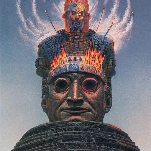 Image similar to giant mayan joe biden with flaming eyes standing over city, perfectly clear face, by j. c. leyendecker and beksinski