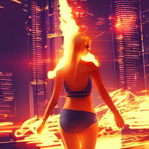 Prompt: beautiful young blonde woman from behind with color flames coming out of hands flying in a cyberpunk city, very detailed, realistic, symmetrical face, art by gta 5,