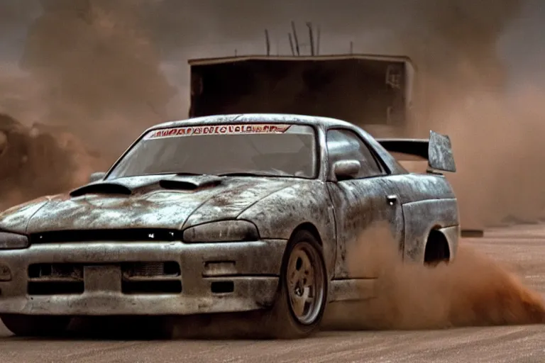 Prompt: Paul Walker driving in Mad Max Road Warrior, rusted, cobbled together Nissan R34 GTR, movie still, cinematic Eastman 5384 film